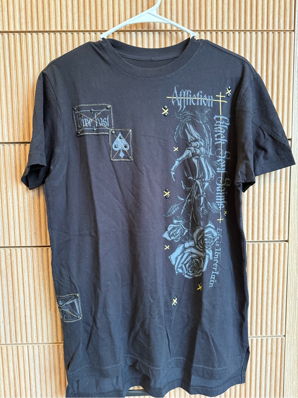 Black Affliction Graphic T-shirt with Rose & Skull Print